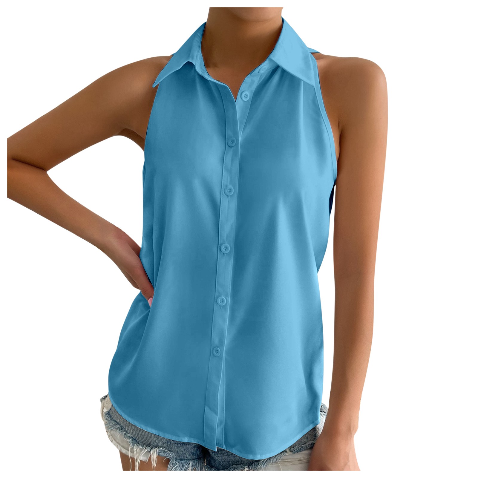 thumbnail image 4 of Blusa sin mangas con botones de gasa para mujer: cuello en V holgado, color liso, para el trabajo/casual, tallas S-XXL, 4 of 7